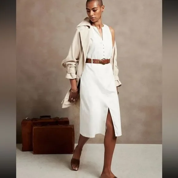 Banana Republic LINEN COTTON SHIFT DRESS sleeveless size 16 off white midi belt - Picture 1 of 11